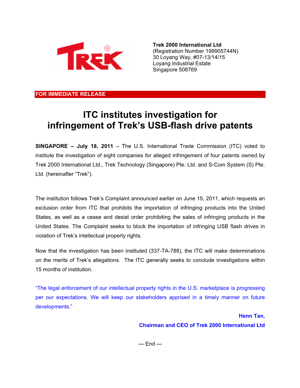 ITC Institutes Investigation for Infringement of Trek's USB-Flash