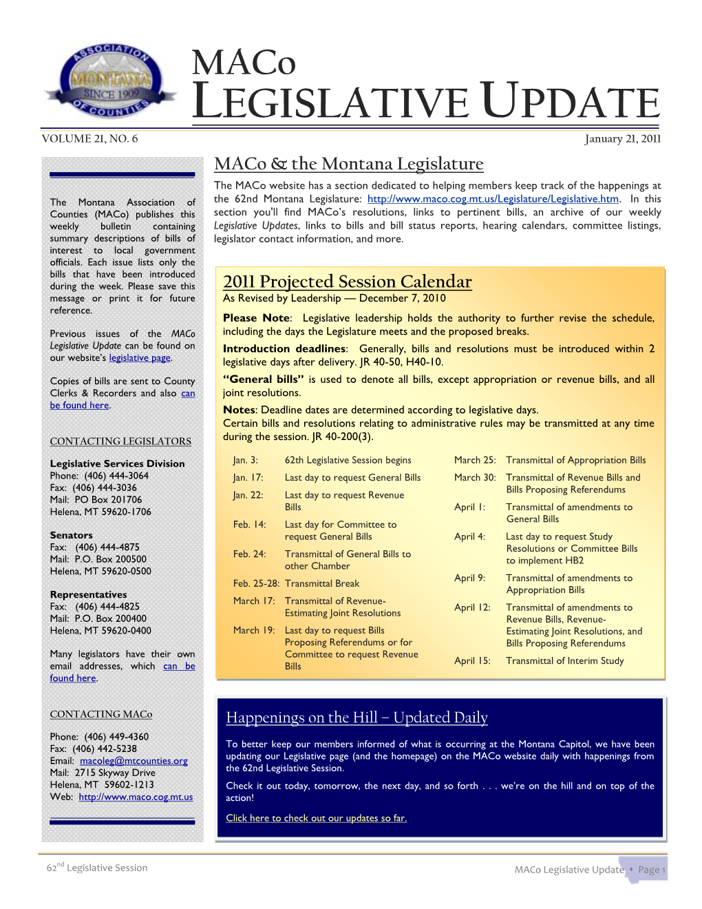 Maco LEGISLATIVE UPDATE VOLUME 21, NO