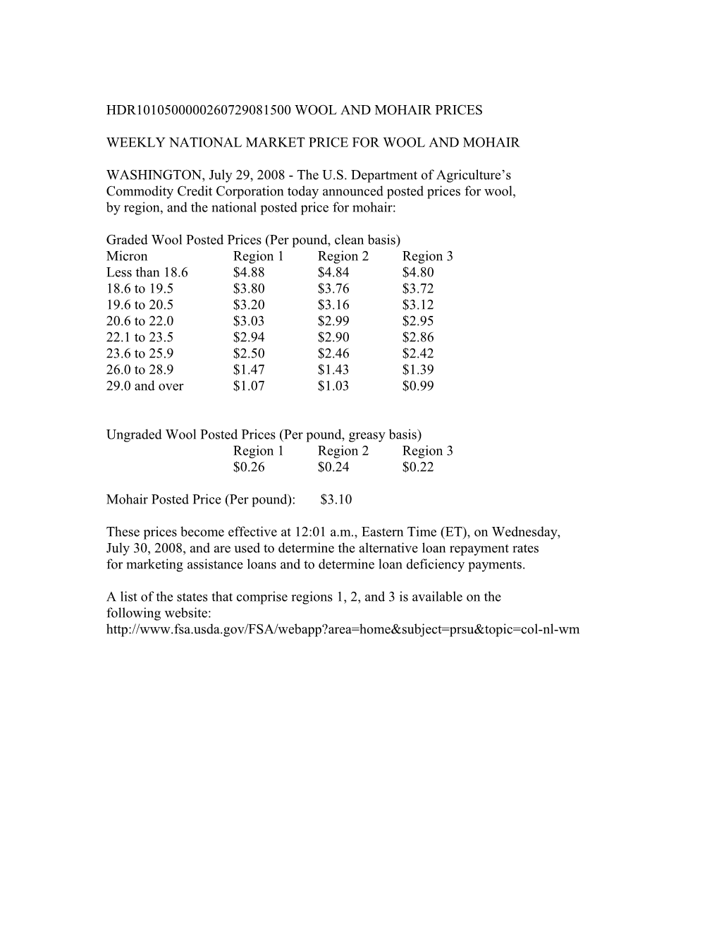 Hdr1010500000260620061500 Wool and Mohair Prices