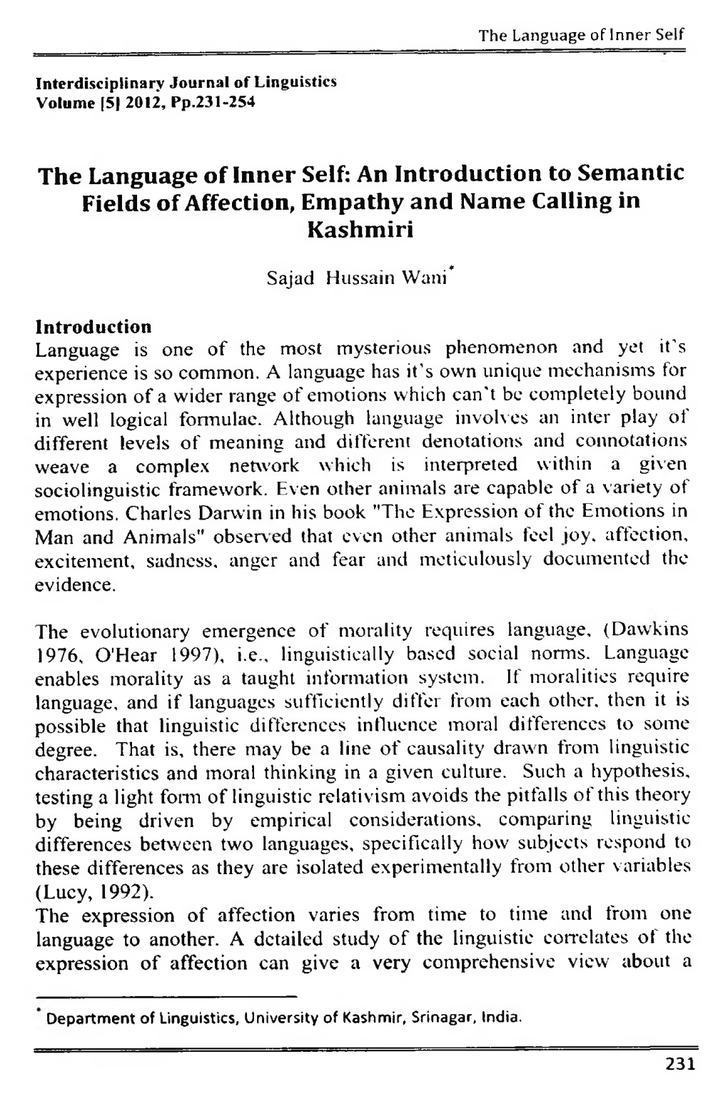 An Introduction to Semantic Fields of Affection, Empathy and Name Calling in Kashmiri