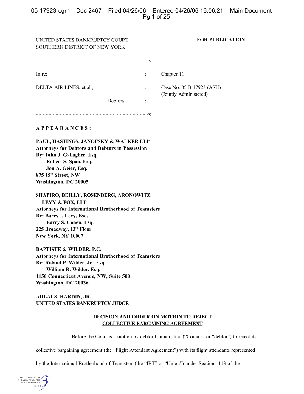 05-17923-Cgm Doc 2467 Filed 04/26/06 Entered 04/26/06 16:06:21 Main Document Pg 1 of 25