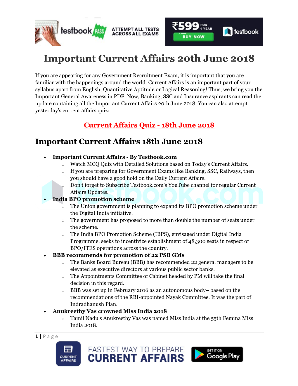 Important Current Affairs 20Th June 2018