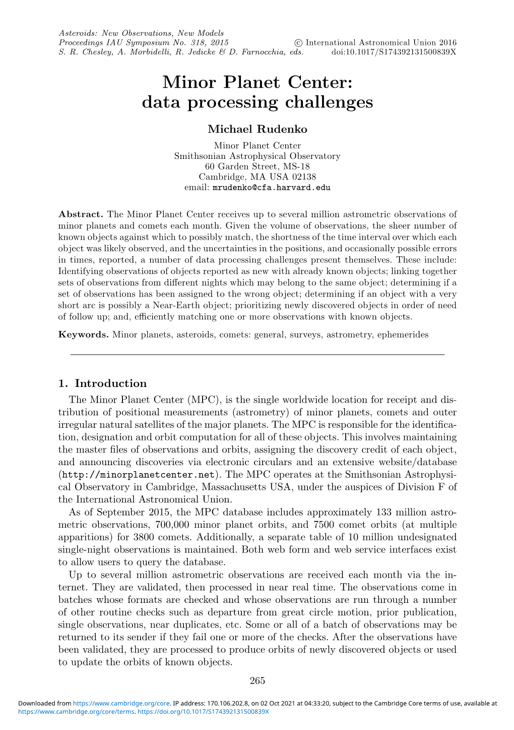 Minor Planet Center: Data Processing Challenges