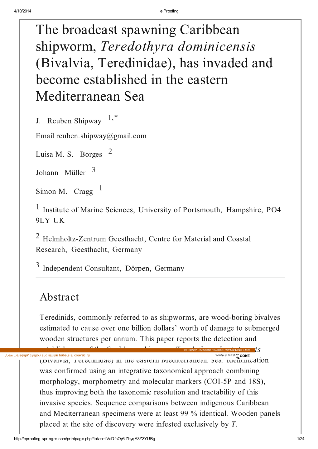 The Broadcast Spawning Caribbean Shipworm, Teredothyra Dominicensis (Bivalvia, Teredinidae), Has Invaded and Become Established in the Eastern Mediterranean Sea