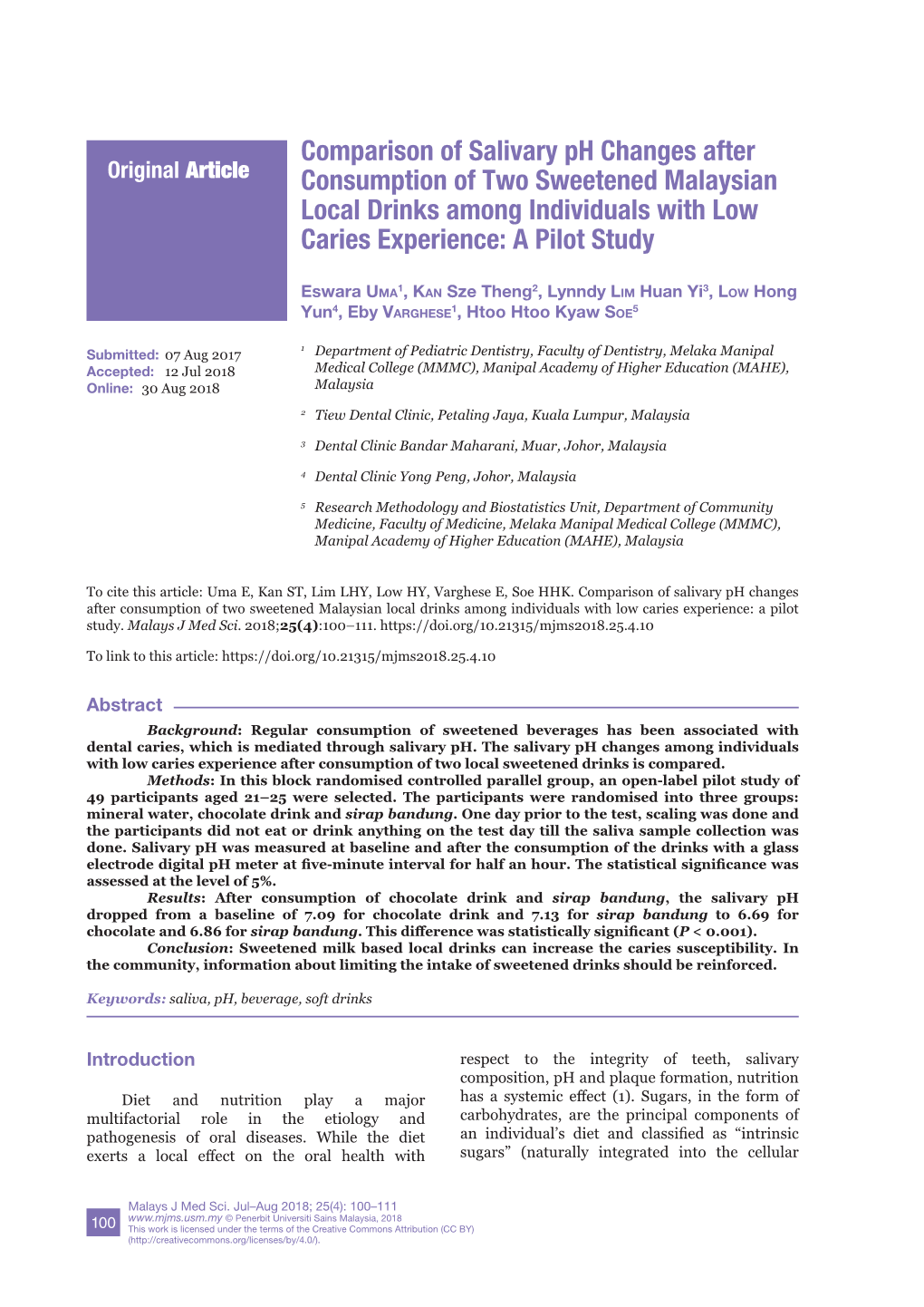 Comparison of Salivary Ph Changes After Consumption of Two Sweetened Malaysian Local Drinks Among Individuals with Low Caries Experience: a Pilot Study