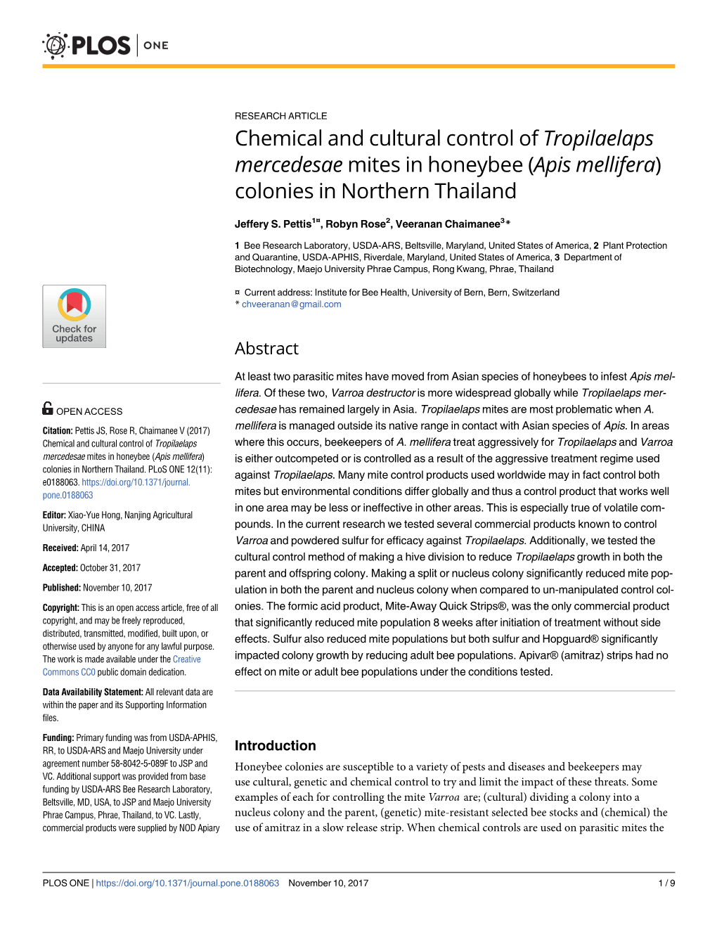 Chemical and Cultural Control of Tropilaelaps Mercedesae Mites in Honeybee (Apis Mellifera) Colonies in Northern Thailand