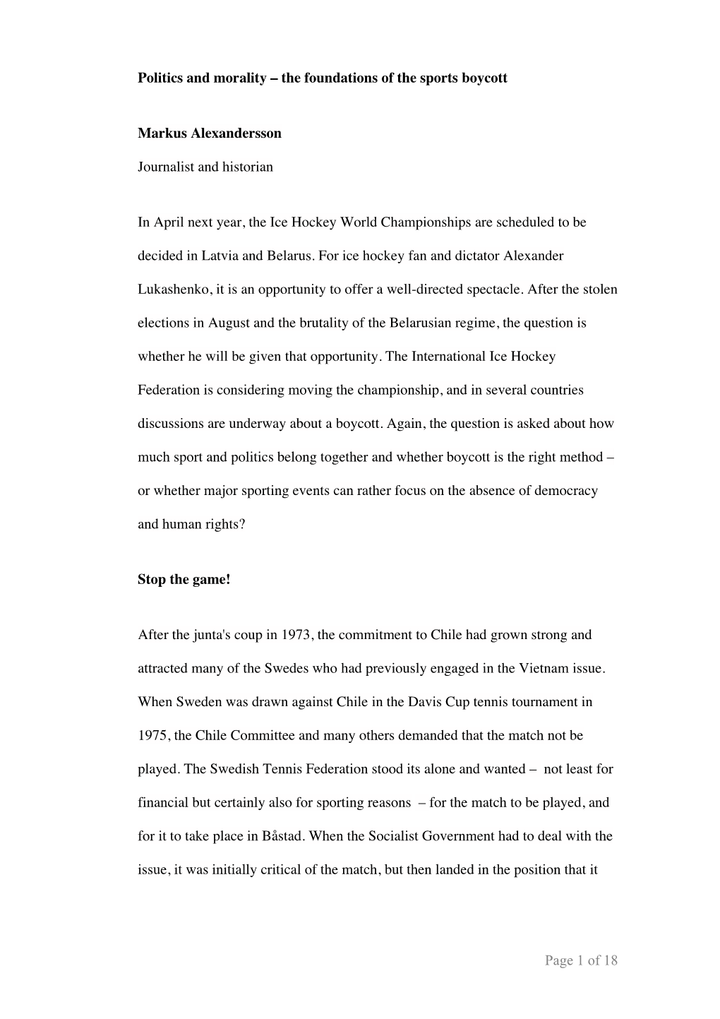 Page 1 of 18 Politics and Morality – the Foundations of the Sports Boycott Markus Alexandersson Journalist and Historian in Ap