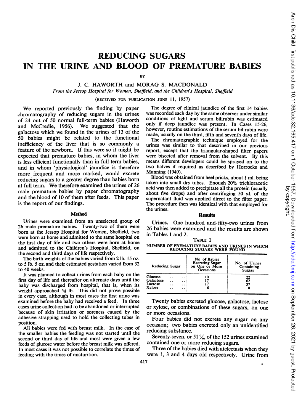 Reducing Sugars in the Urine and Blood of Premature Babies by J