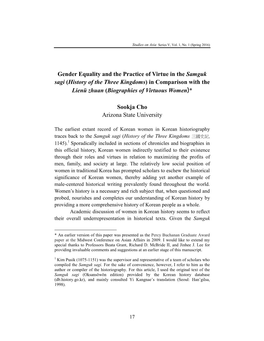 Gender Equality and the Practice of Virtue in the Samguk Sagi (History of the Three Kingdoms) in Comparison with the Lienü Zhuan (Biographies of Virtuous Women)*