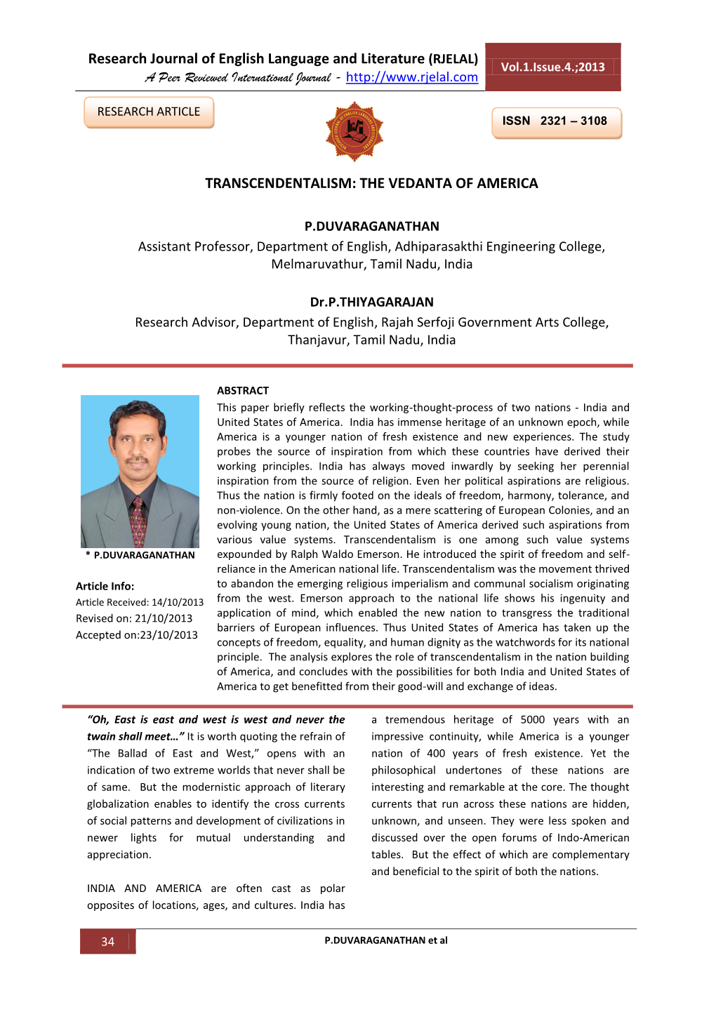 Research Journal of English Language and Literature (RJELAL) TRANSCENDENTALISM: the VEDANTA of AMERICA