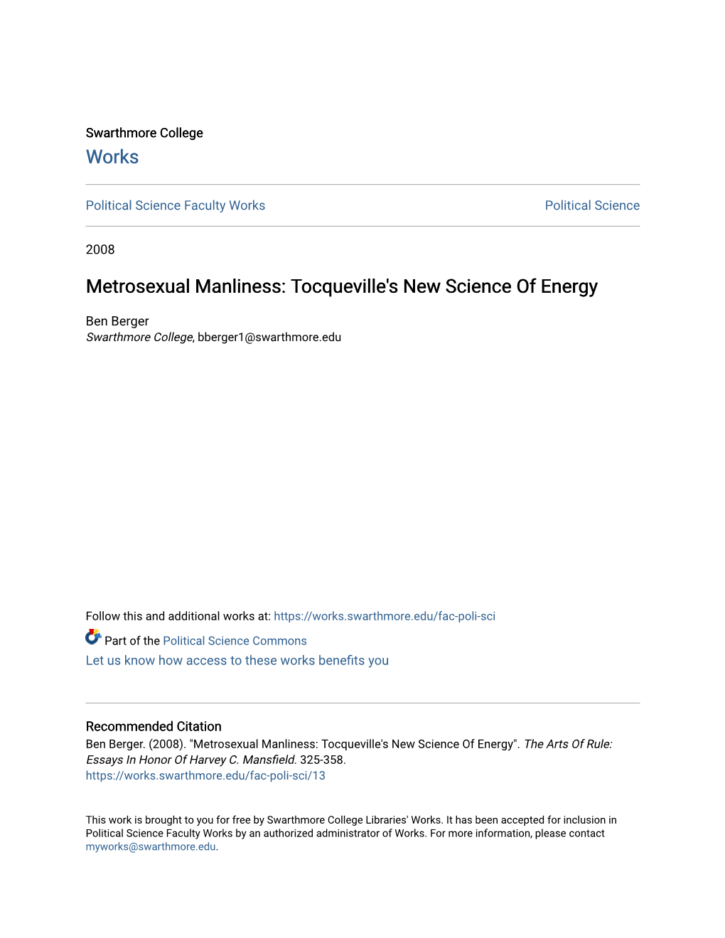 Metrosexual Manliness: Tocqueville's New Science of Energy