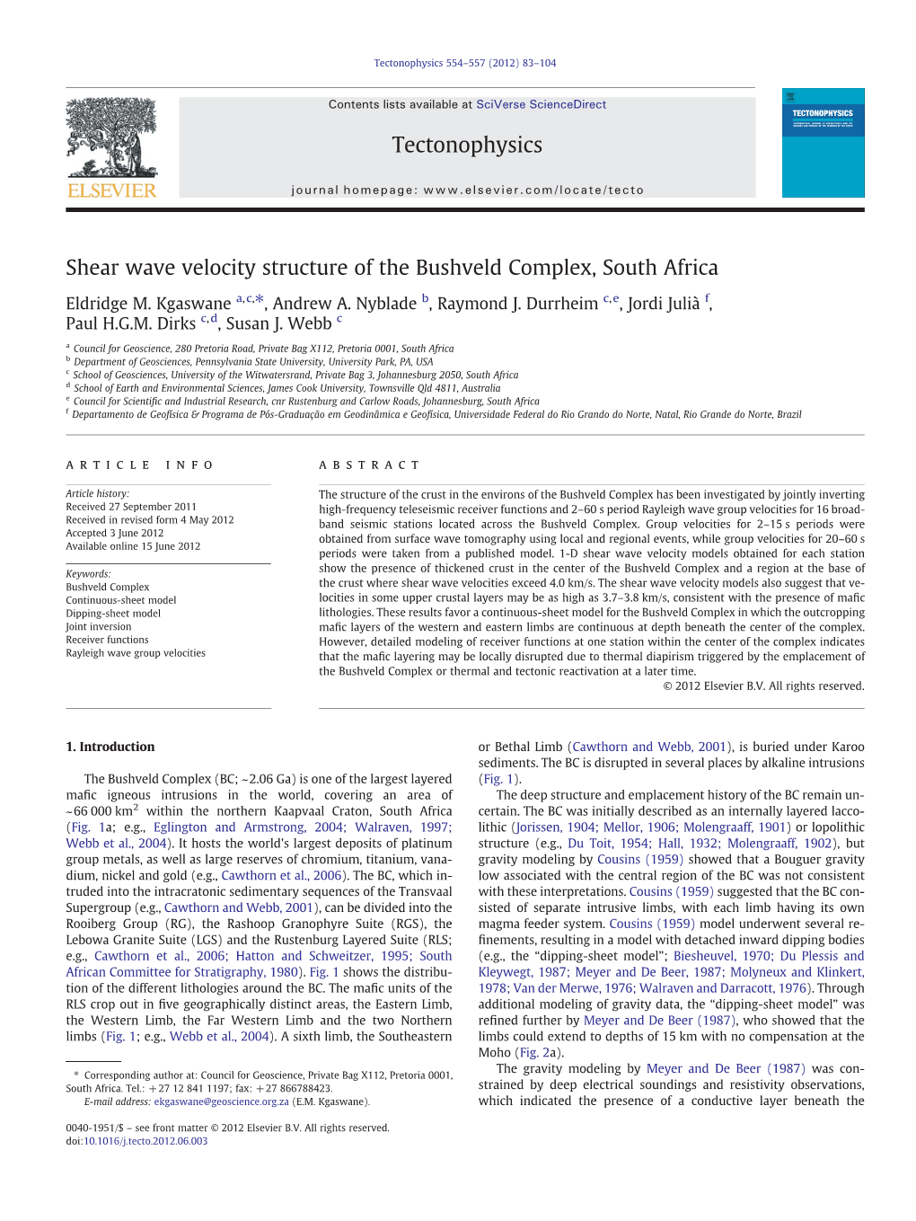 Shear Wave Velocity Structure of the Bushveld Complex, South Africa