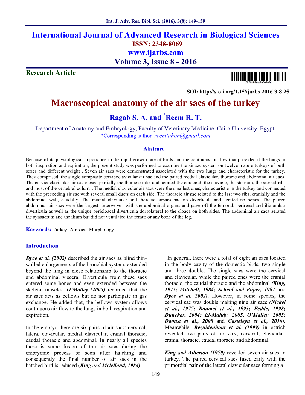 Macroscopical Anatomy of the Air Sacs of the Turkey Ragab S