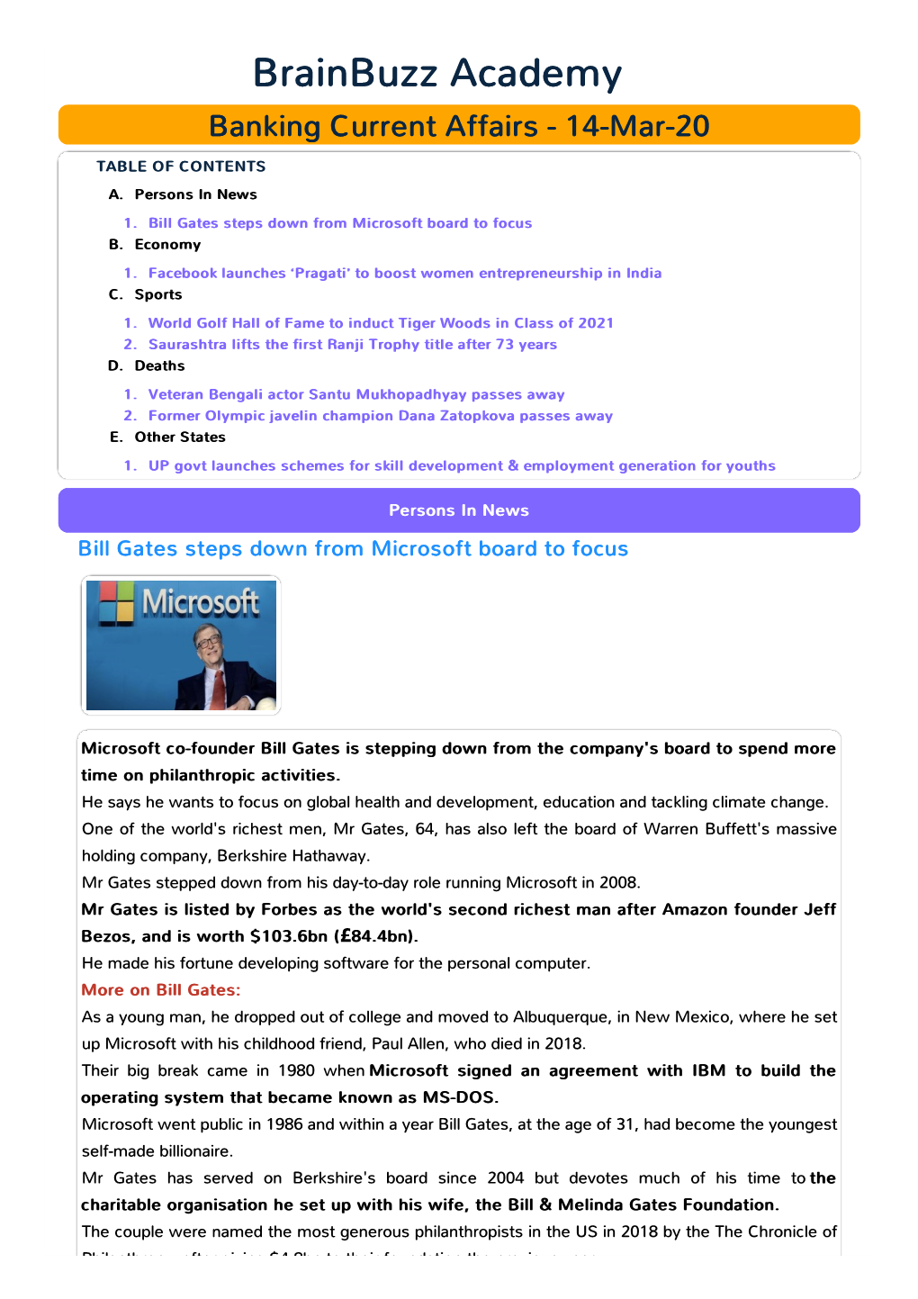 Banking Current Affairs - 14-Mar-20 TABLE of CONTENTS A