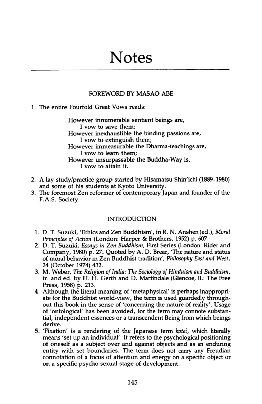 FOREWORD by MASAO ABE 1. the Entire Fourfold Great Vows Reads: However Innumerable Sentient Beings Are, I Vow to Save Them; Howe