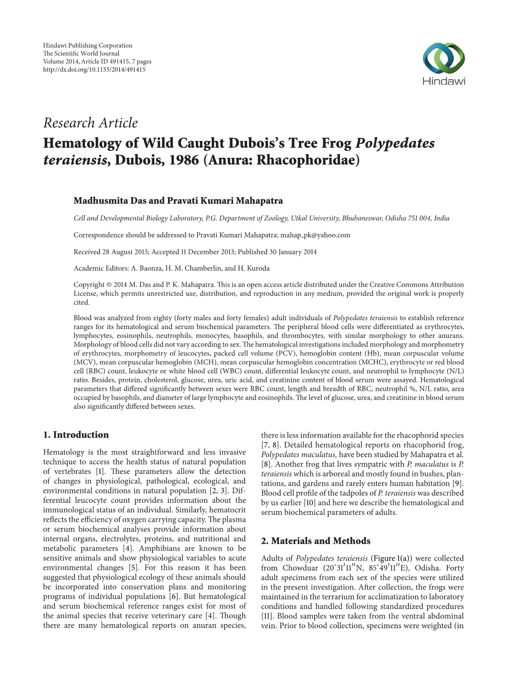 Hematology of Wild Caught Dubois's Tree Frog Polypedates Teraiensis, Dubois, 1986 (Anura: Rhacophoridae)
