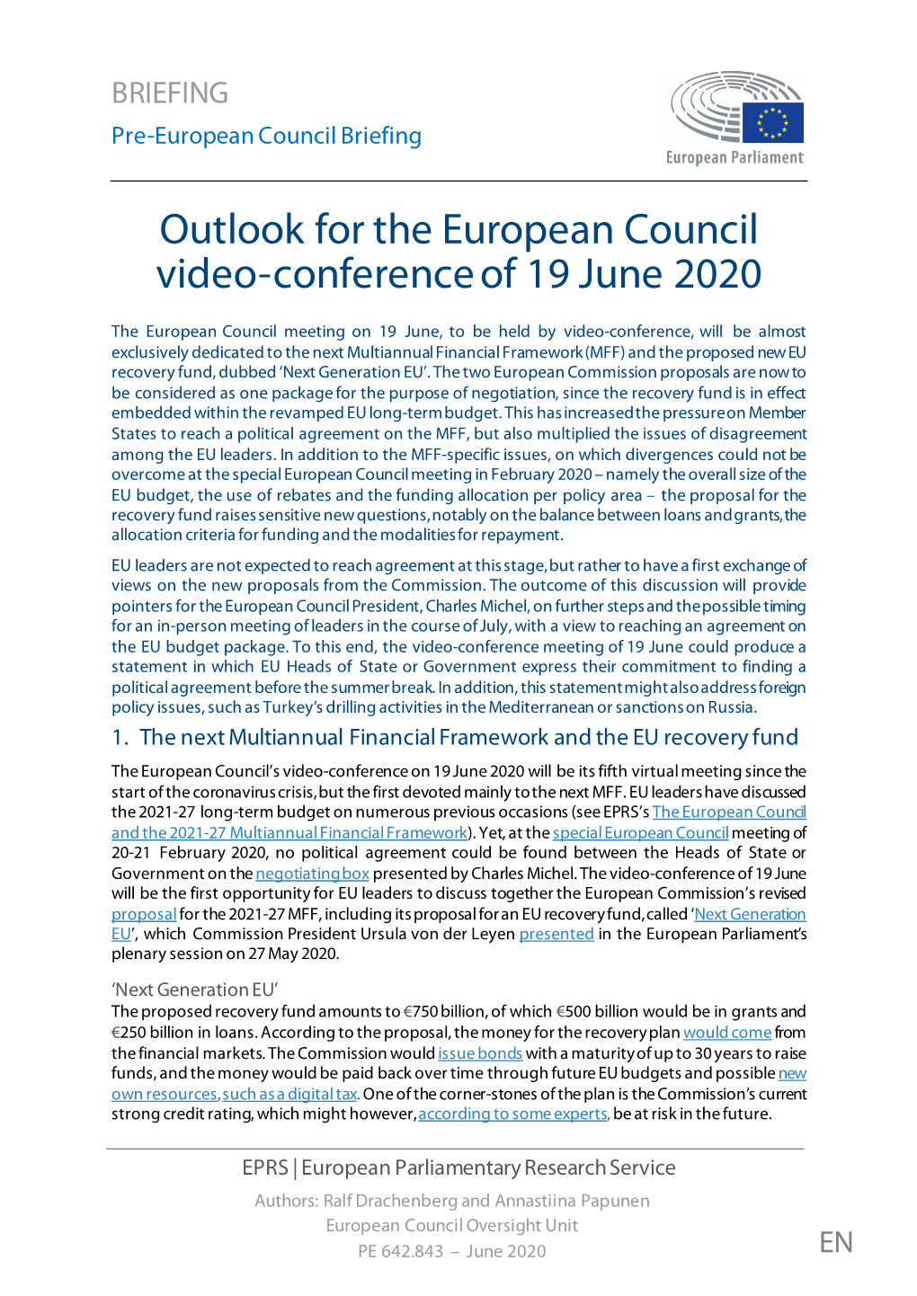 Outlook for the European Council Video-Conference of 19 June 2020