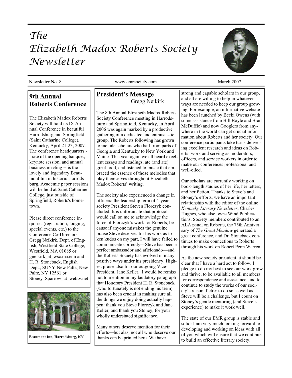 The Elizabeth Madox Roberts Society Newsletter