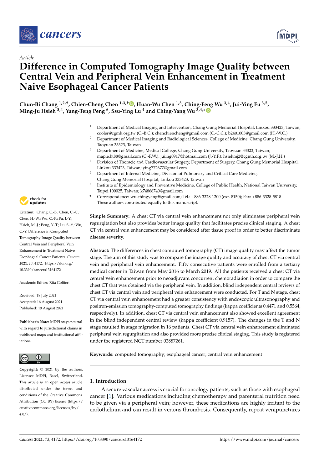 Difference in Computed Tomography Image Quality Between Central Vein and Peripheral Vein Enhancement in Treatment Naive Esophageal Cancer Patients