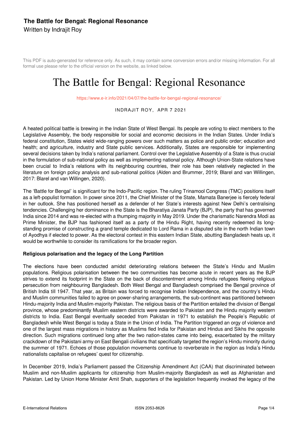 The Battle for Bengal: Regional Resonance Written by Indrajit Roy
