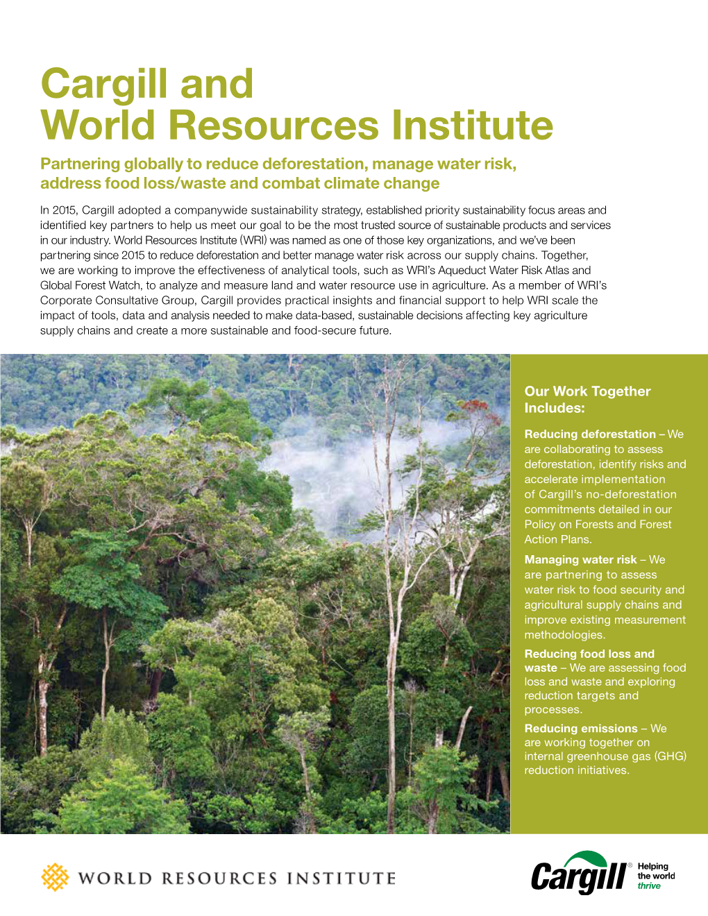 Cargill and World Resources Institute Partnering Globally to Reduce Deforestation, Manage Water Risk, Address Food Loss/Waste and Combat Climate Change