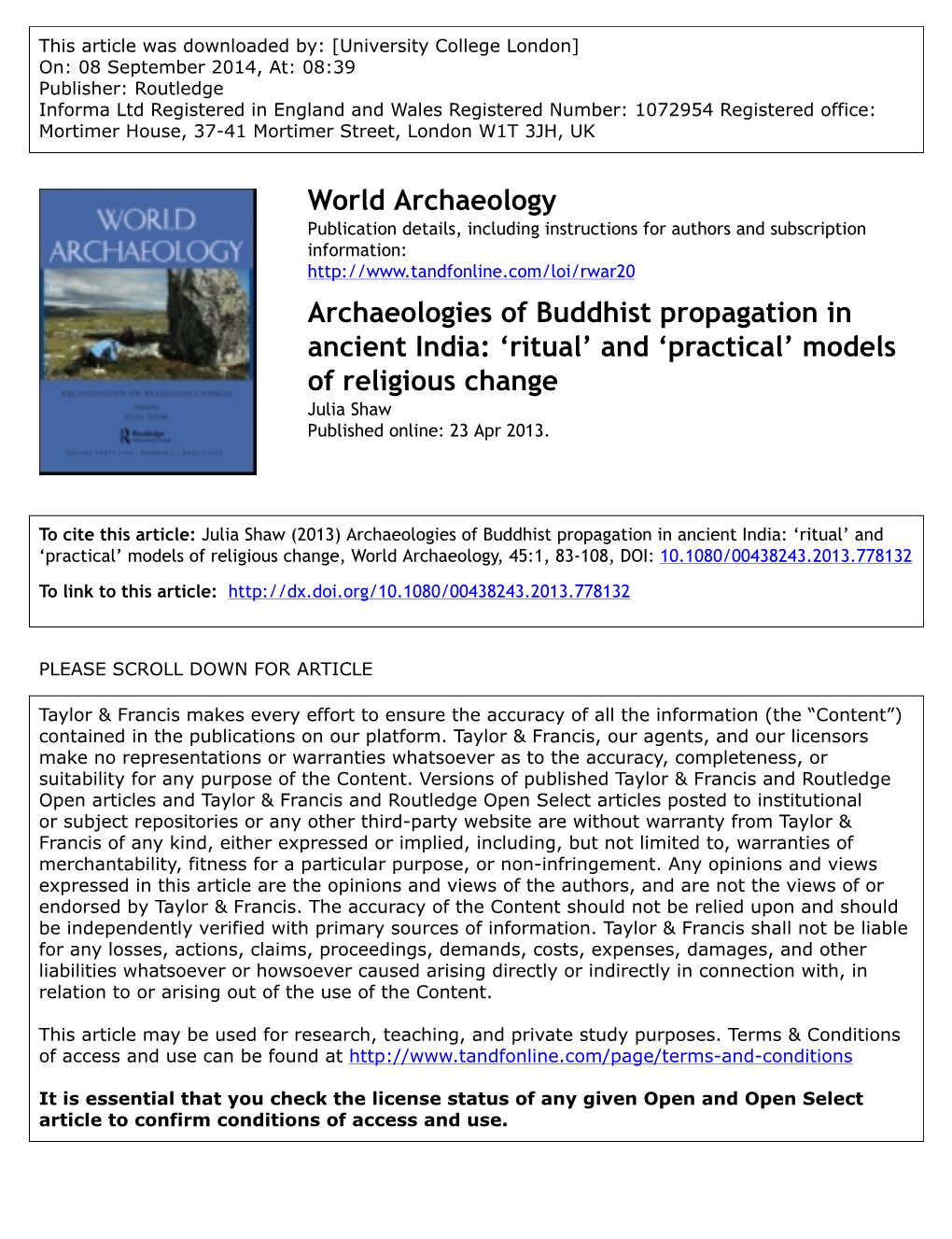 World Archaeology Archaeologies of Buddhist Propagation in Ancient