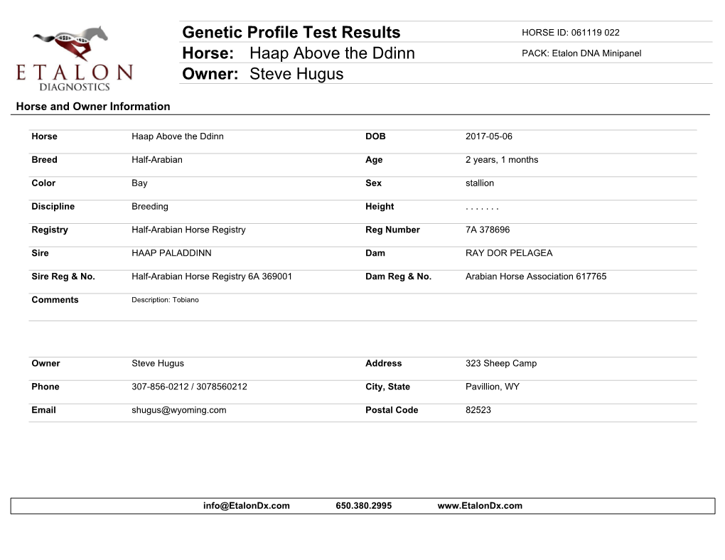 Genetic Profile Test Results Horse: Haap Above the Ddinn Owner