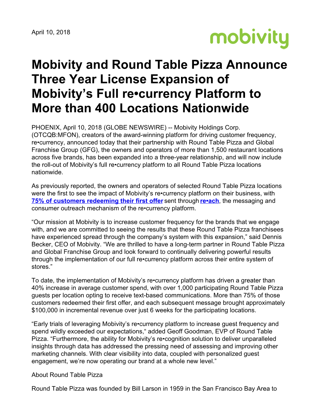 Mobivity and Round Table Pizza Announce Three Year License Expansion of Mobivity’S Full Re•Currency Platform to More Than 400 Locations Nationwide