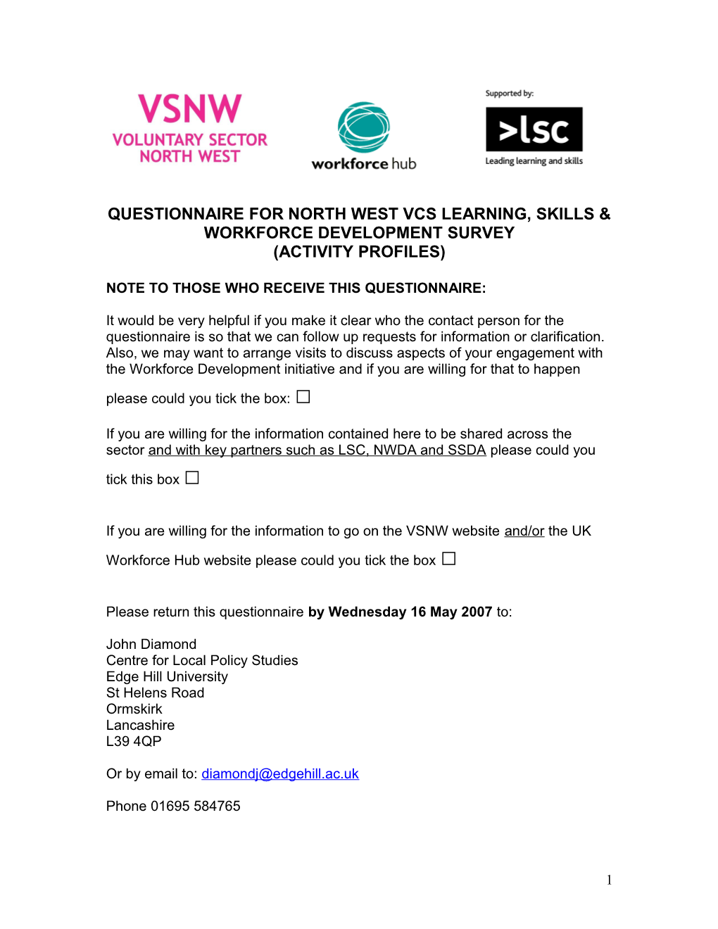 Draft Questionnaire for North West Vcs Learning, Skills & Workforce Development Survey