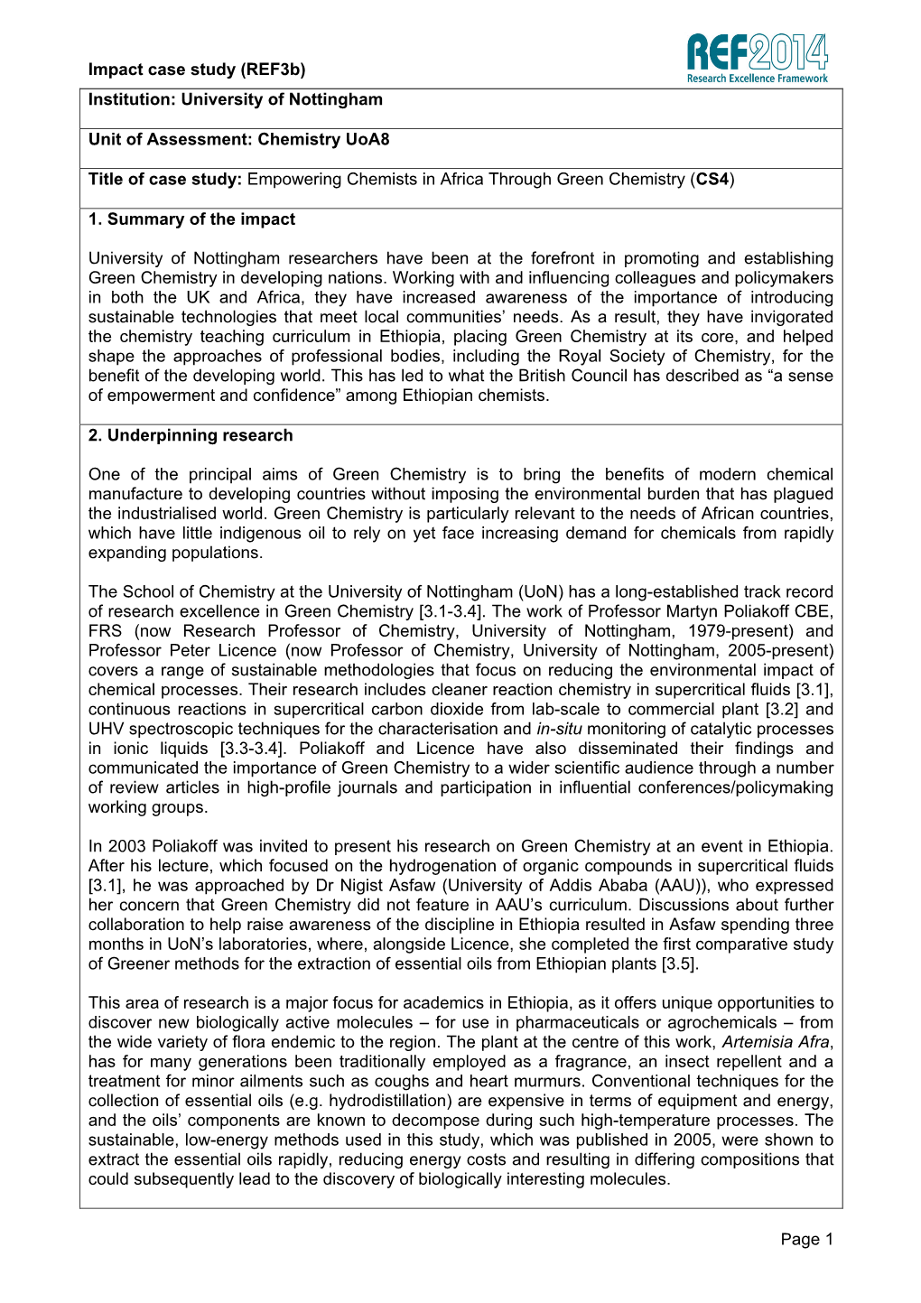 Chemistry Uoa8 Title of Case Study