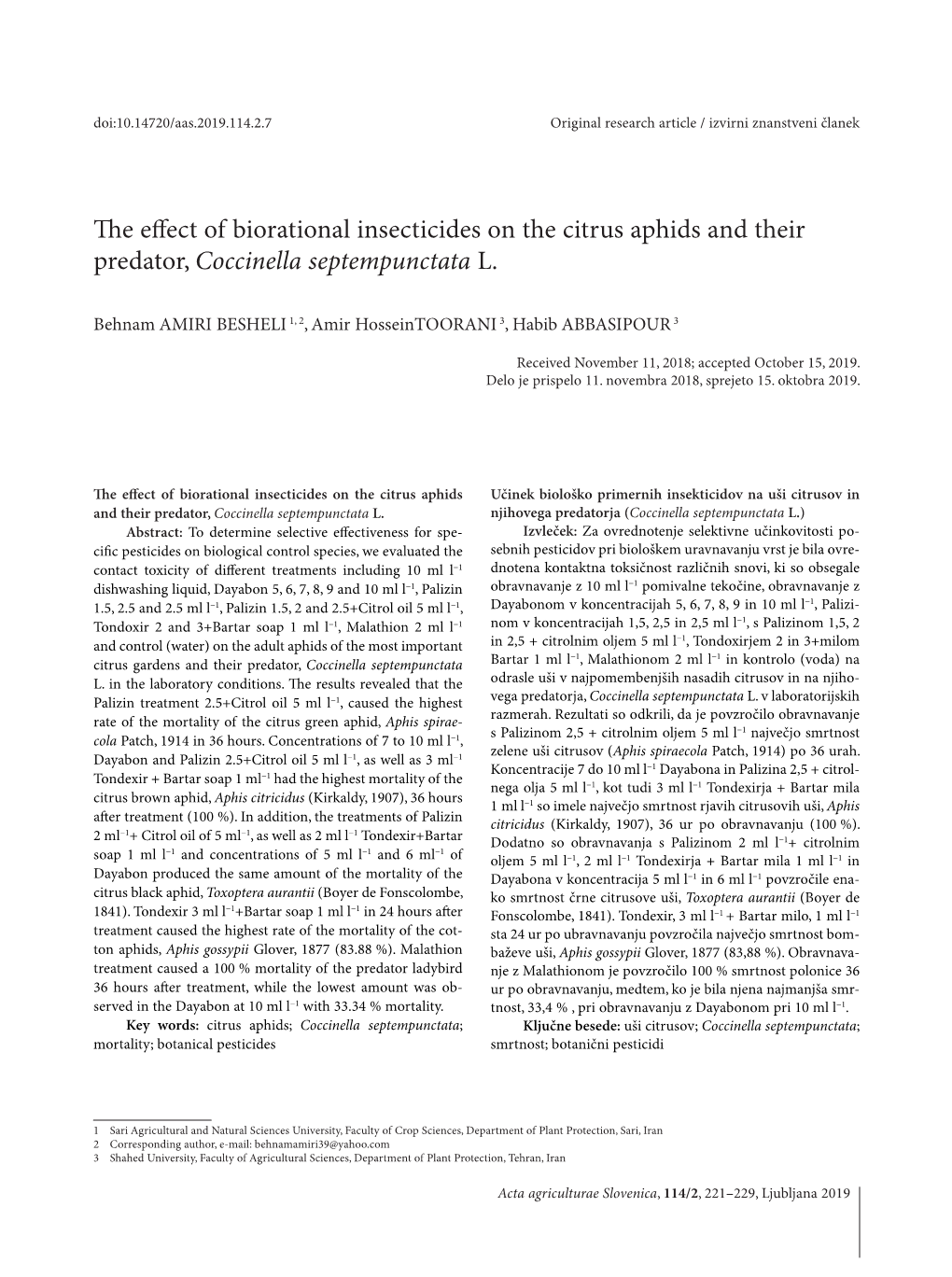 The Effect of Biorational Insecticides on the Citrus Aphids and Their Predator, Coccinella Septempunctata L