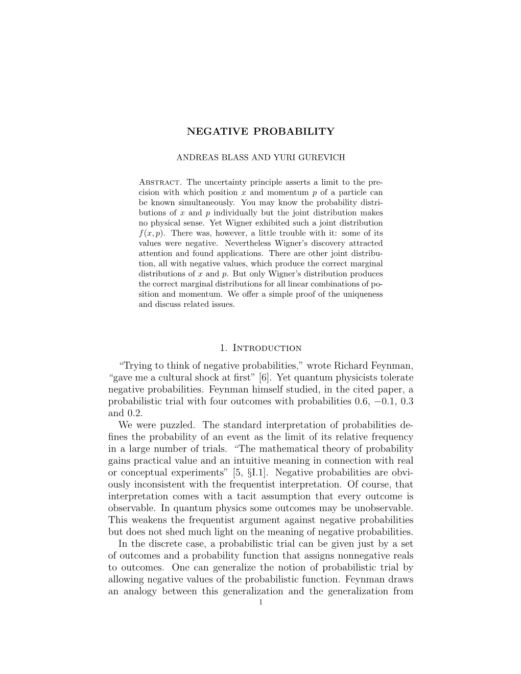 NEGATIVE PROBABILITY 1. Introduction “Trying to Think Of