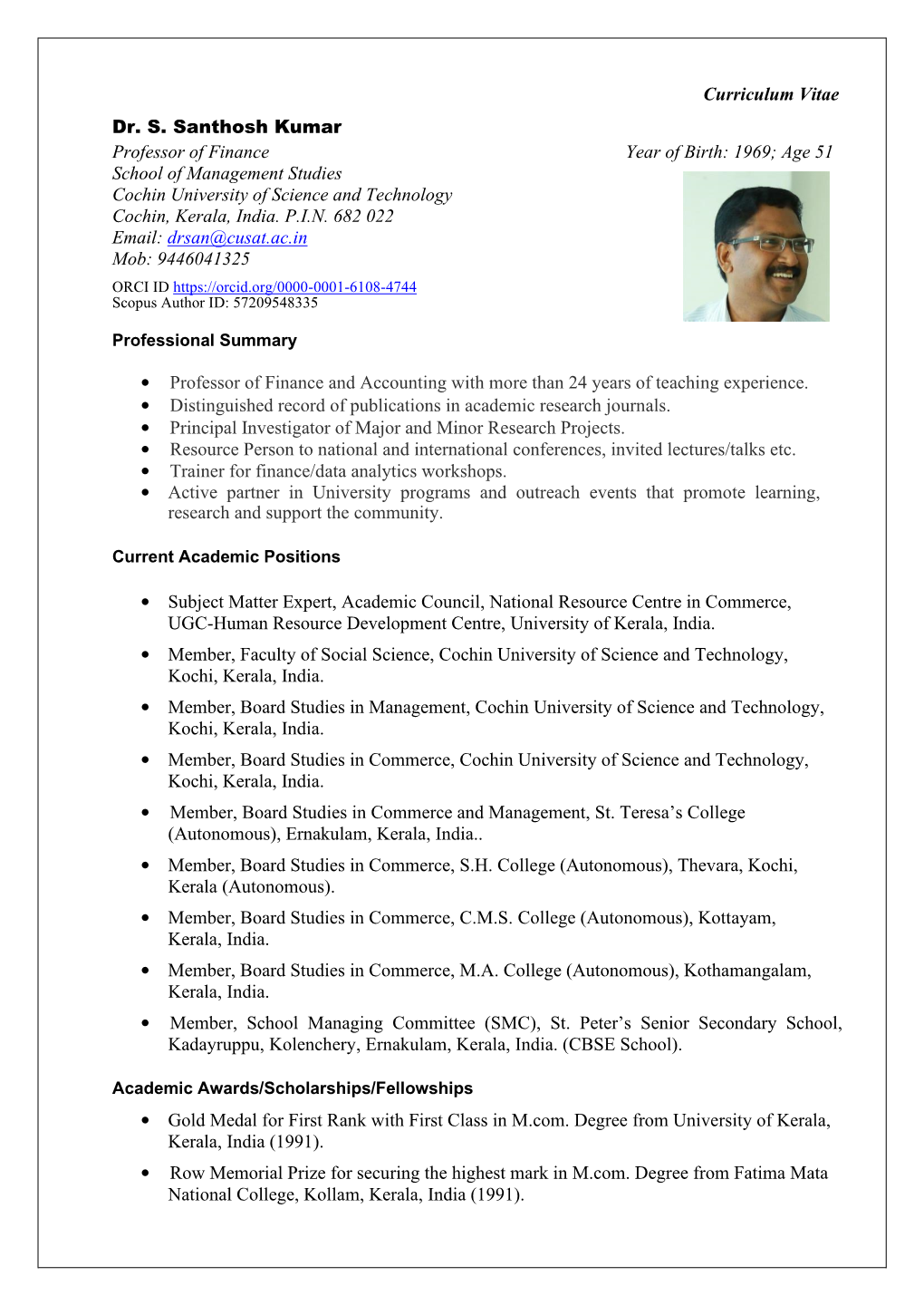 Dr. S. Santhosh Kumar Curriculum Vitae Professor of Finance Year Of