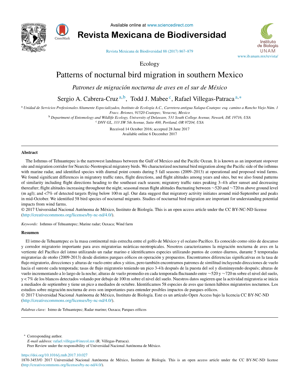 Patterns of Nocturnal Bird Migration in Southern Mexico