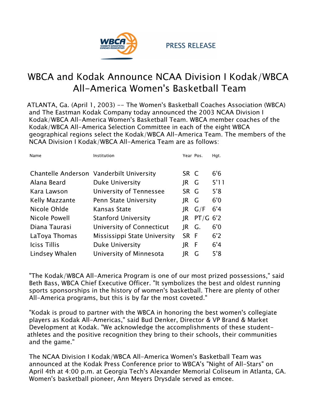 WBCA and Kodak Announce NCAA Division I Kodak/WBCA All-America Women's Basketball Team
