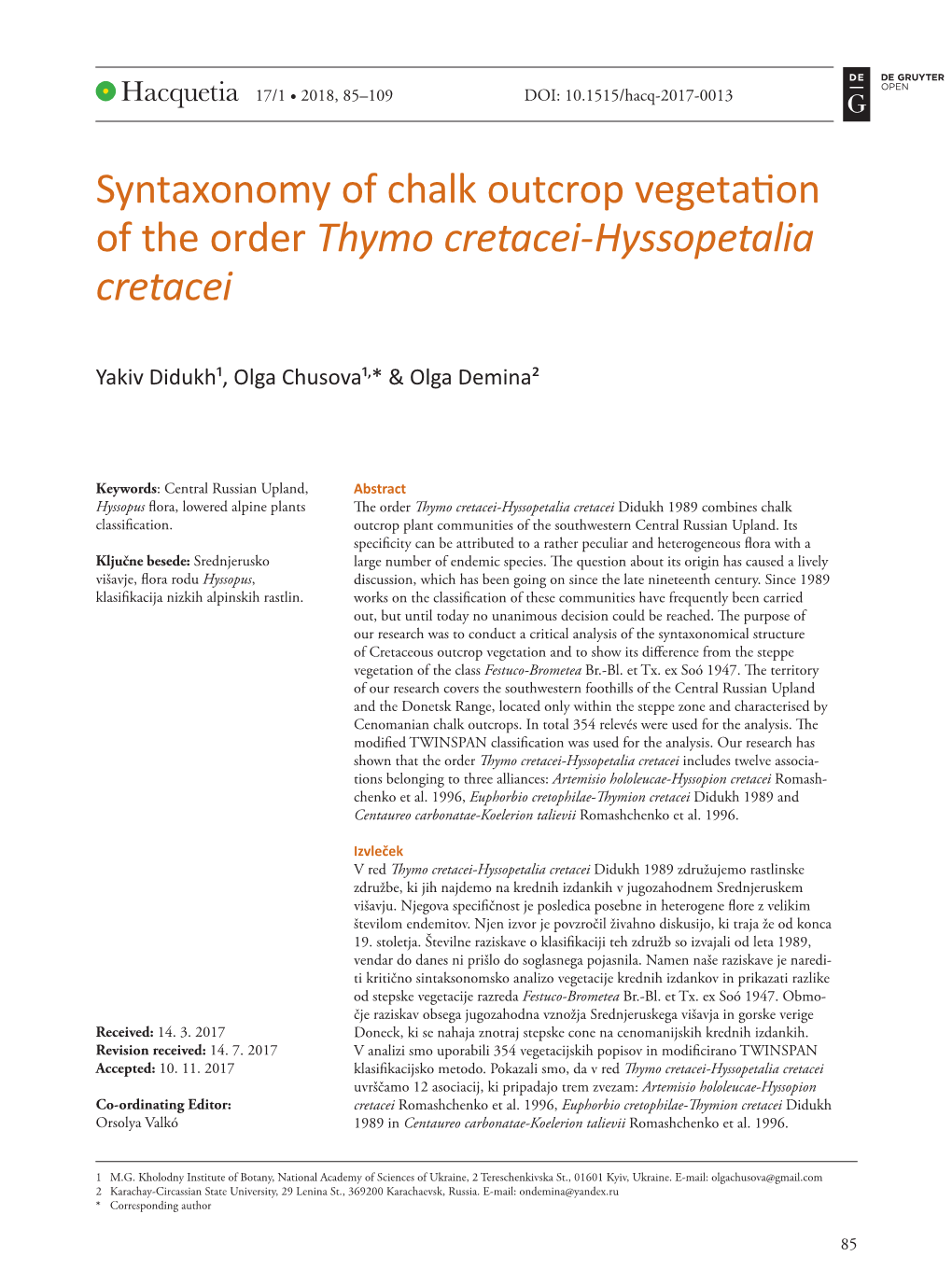 Syntaxonomy of Chalk Outcrop Vegetation of the Order Thymo Cretacei-Hyssopetalia Cretacei