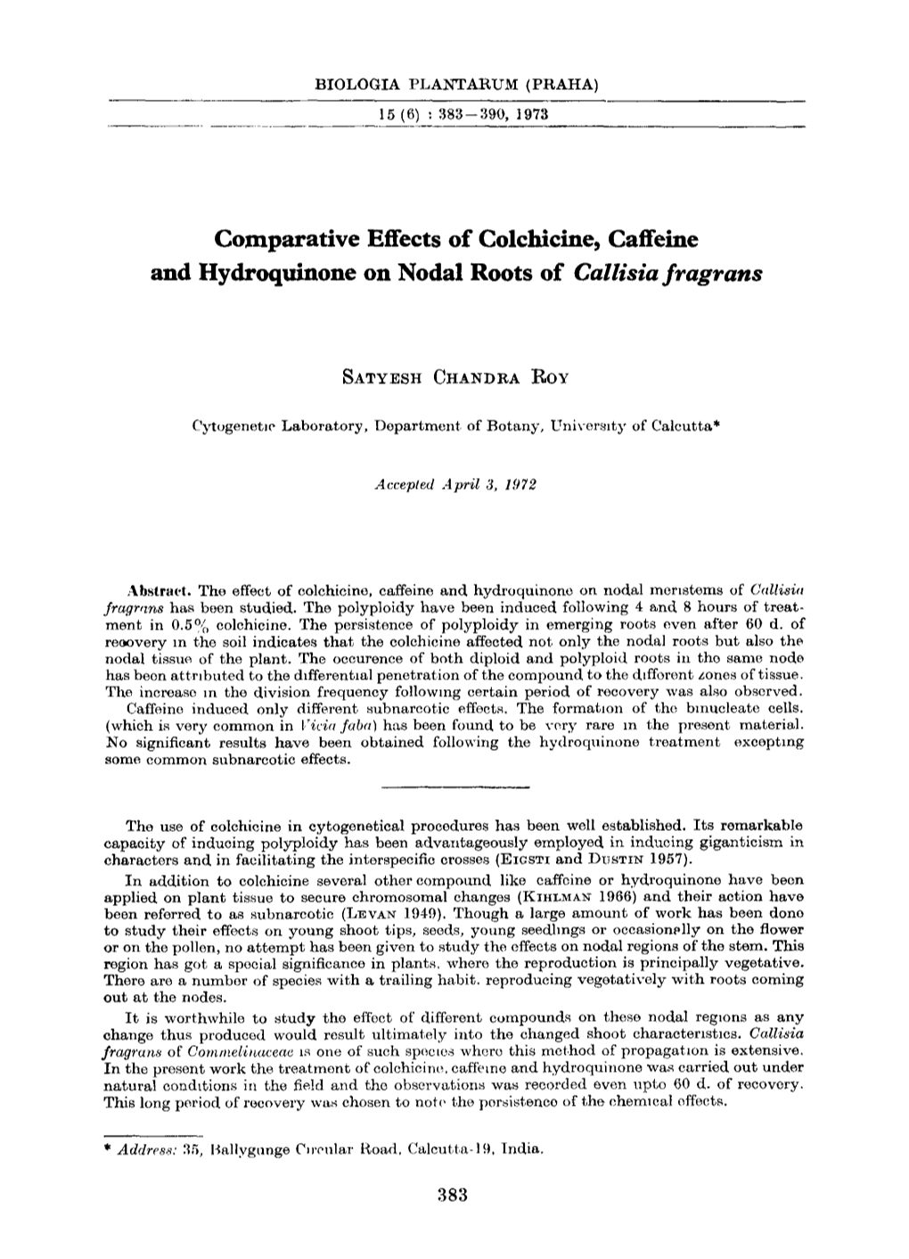 Comparative Effects of Colchicine, Caffeine and Hydroquinone on Nodal Roots of Callisia Fragrans
