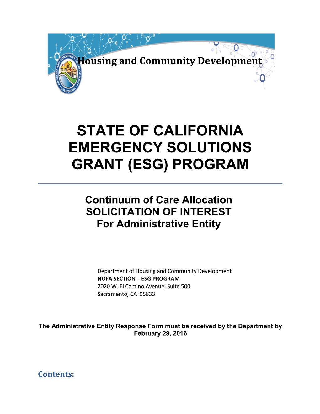 State of California Emergency Solutions Grant (Esg) Program