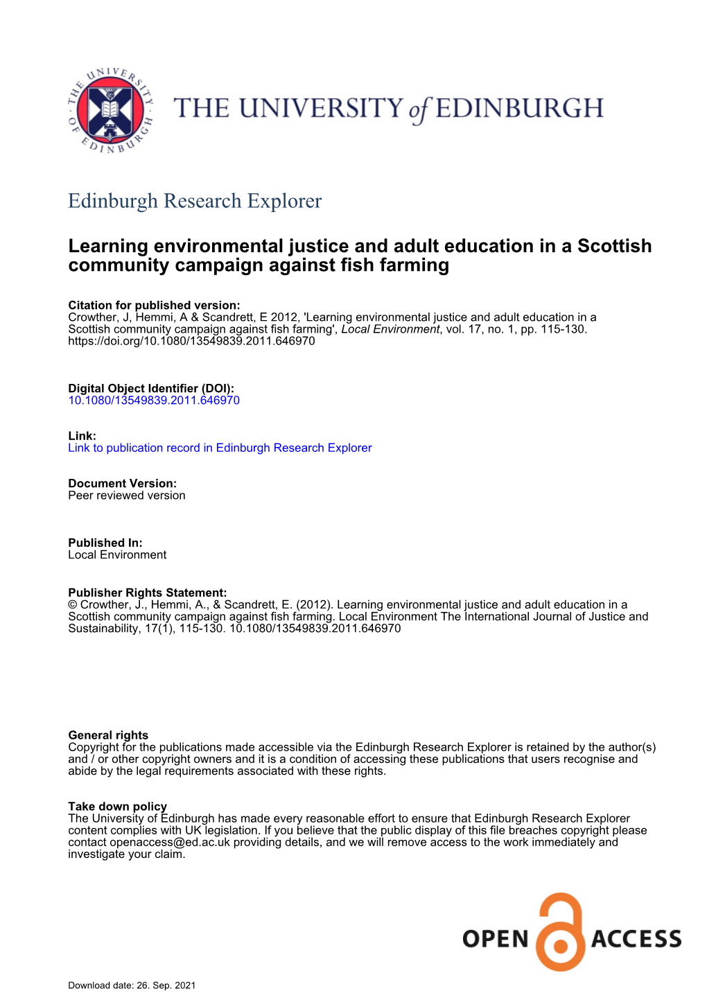 Learning Environmental Justice and Adult Education in a Scottish Community Campaign Against Fish Farming