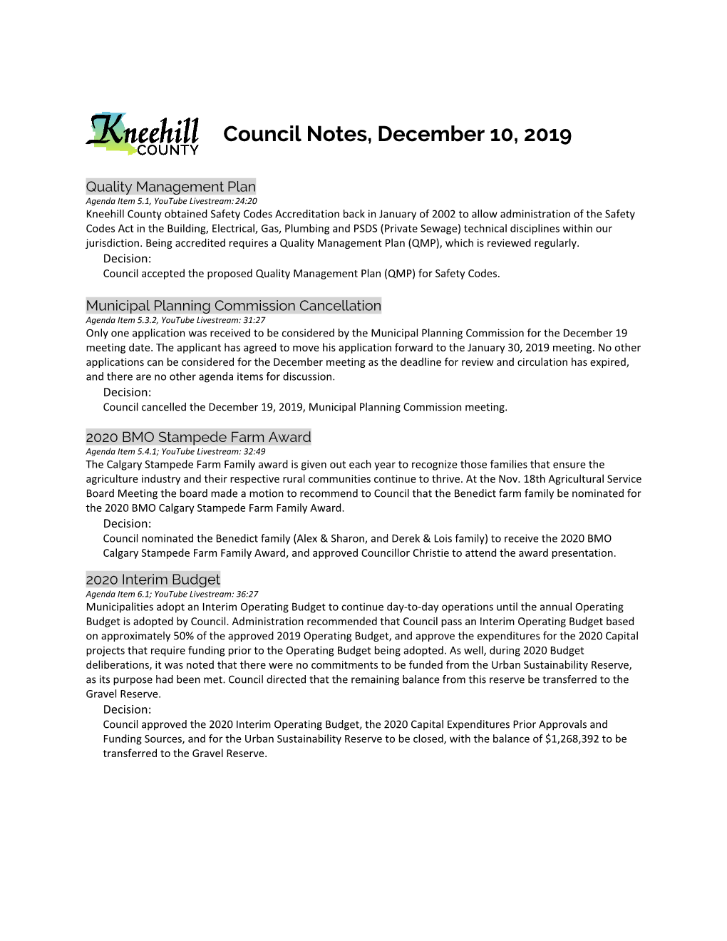 Council Notes, December 10, 2019