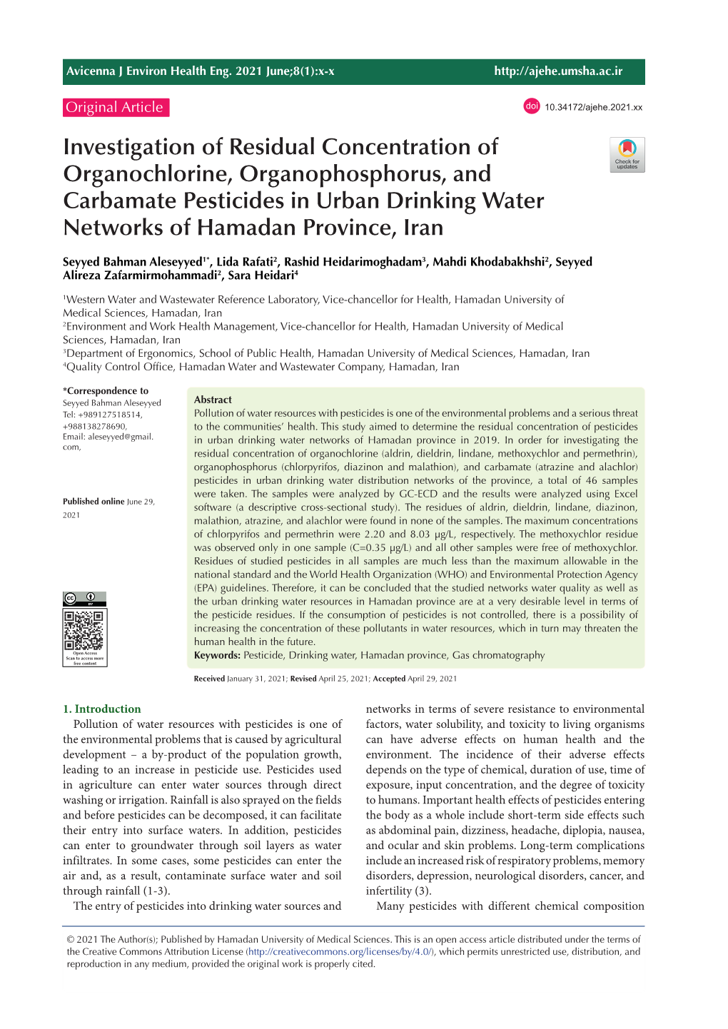 Investigation of Residual Concentration of Organochlorine, Organophosphorus, and Carbamate Pesticides in Urban Drinking Water Networks of Hamadan Province, Iran