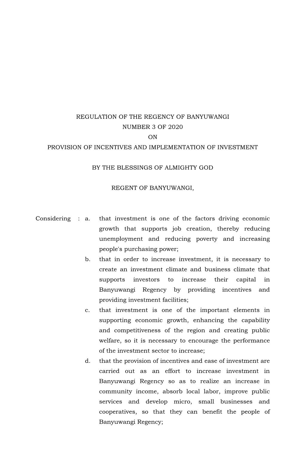 Regulation of the Regency of Banyuwangi Number 3 of 2020 on Provision of Incentives and Implementation of Investment