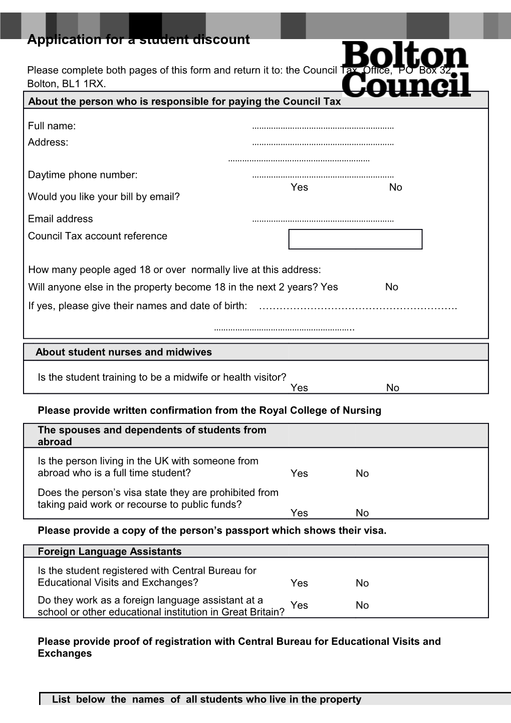 Council Tax Exemption Application for Bolton