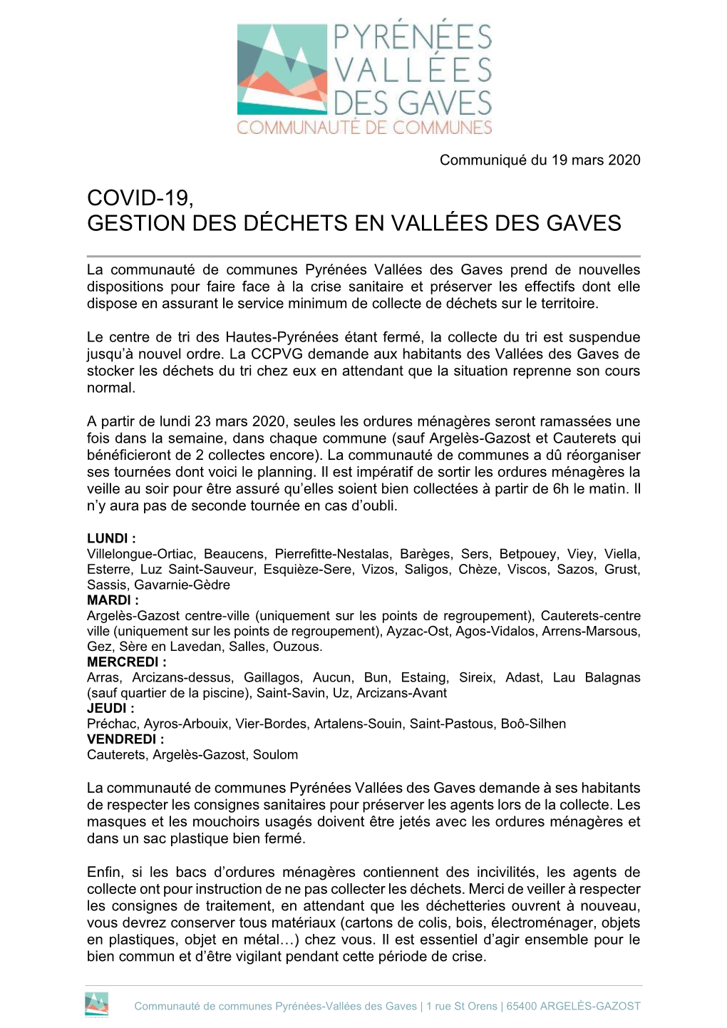 Covid-19, Gestion Des Déchets En Vallées Des Gaves