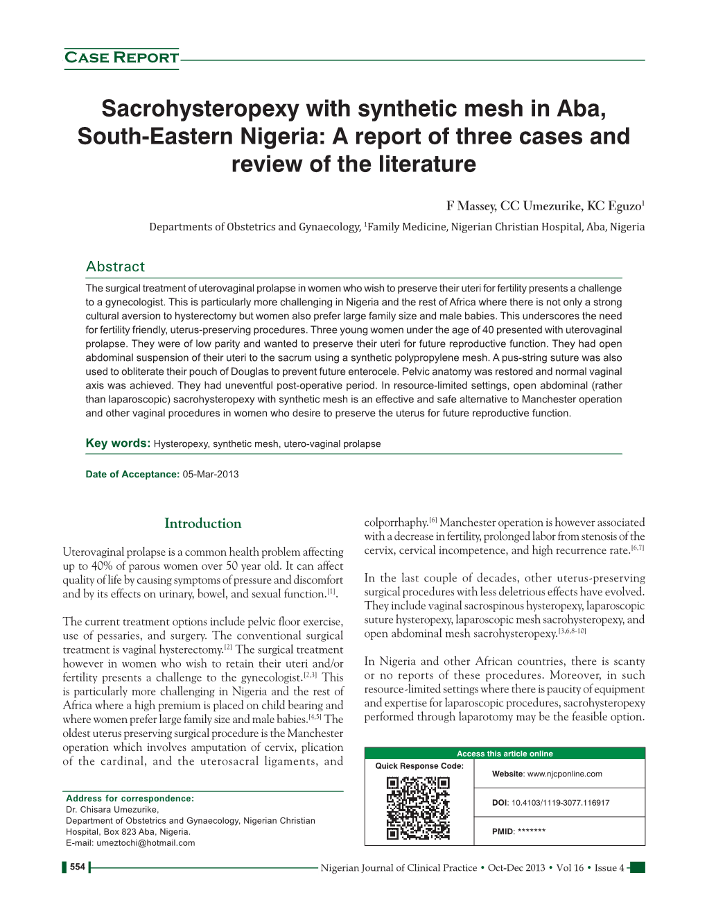 Sacrohysteropexy with Synthetic Mesh in Aba, South‑Eastern Nigeria: a Report of Three Cases and Review of the Literature