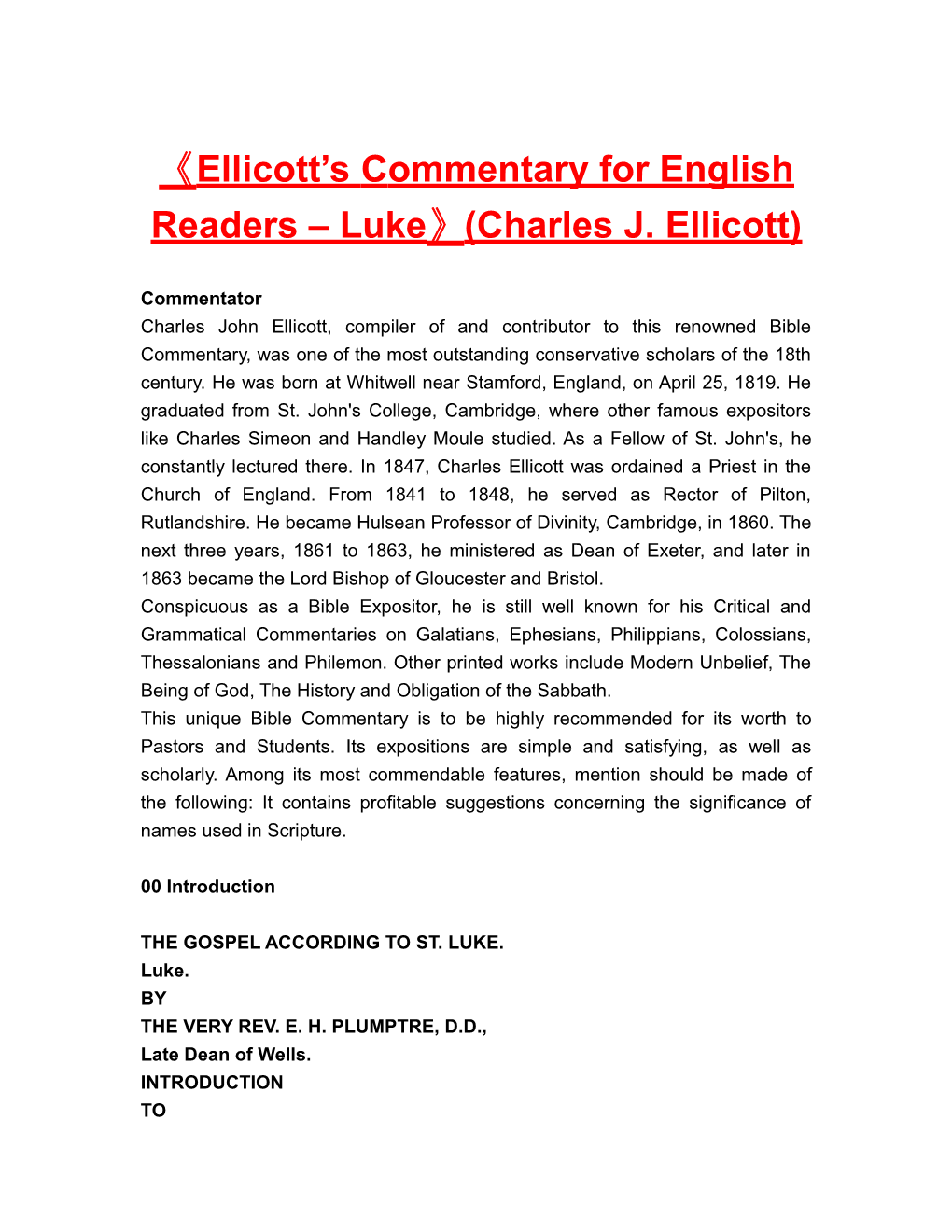 Ellicott S Commentary for English Readers Luke (Charles J. Ellicott)