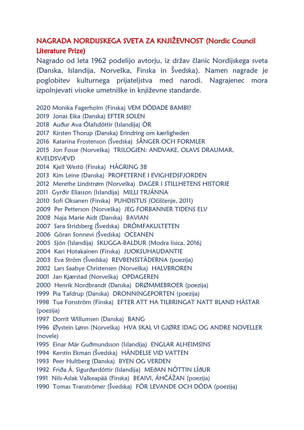 NAGRADA NORDIJSKEGA SVETA ZA KNJIŽEVNOST (Nordic Council Literature Prize) Nagrado Od Leta 1962 Podelijo Avtorju, Iz Držav Č