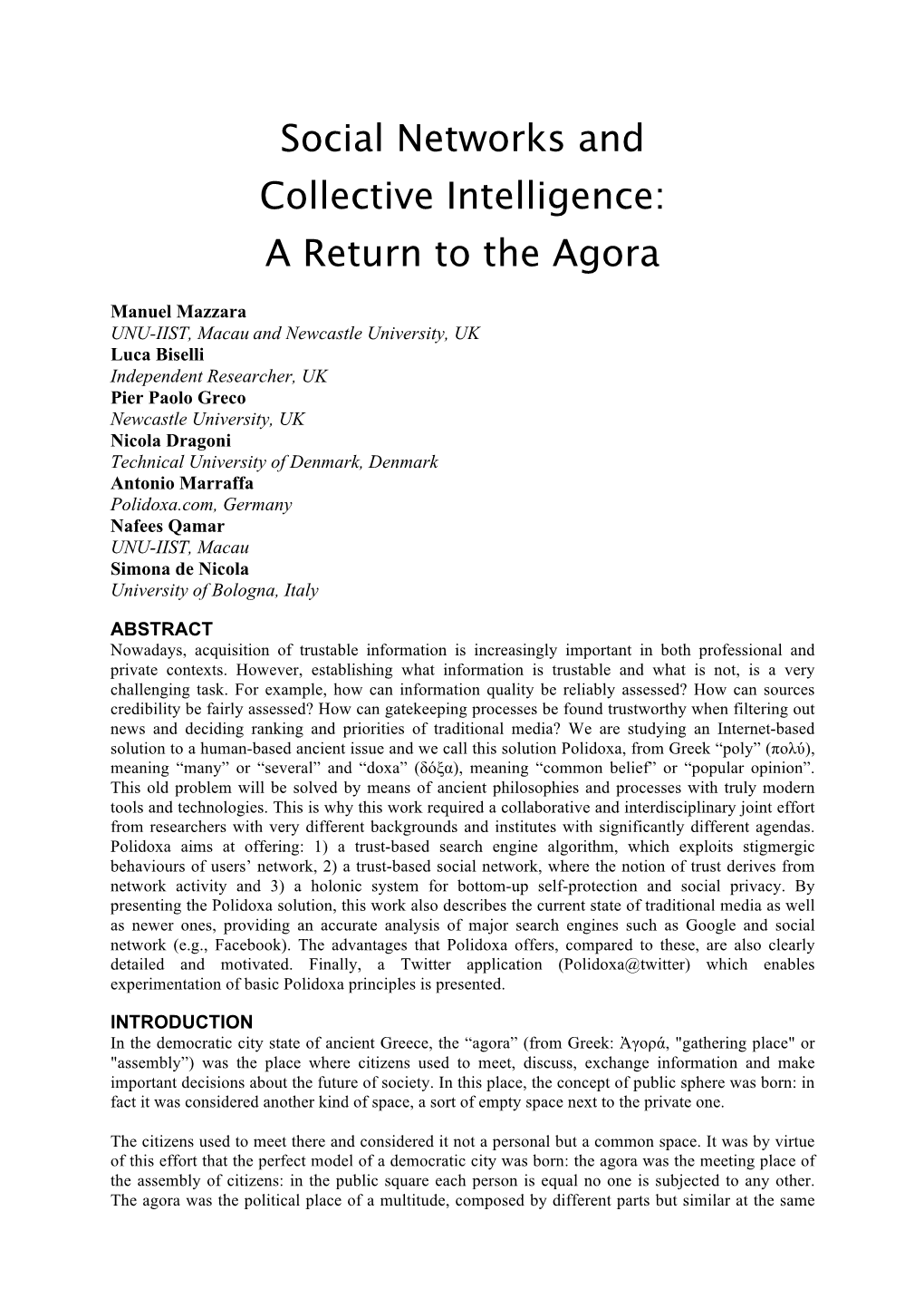 Social Networks and Collective Intelligence: a Return to the Agora