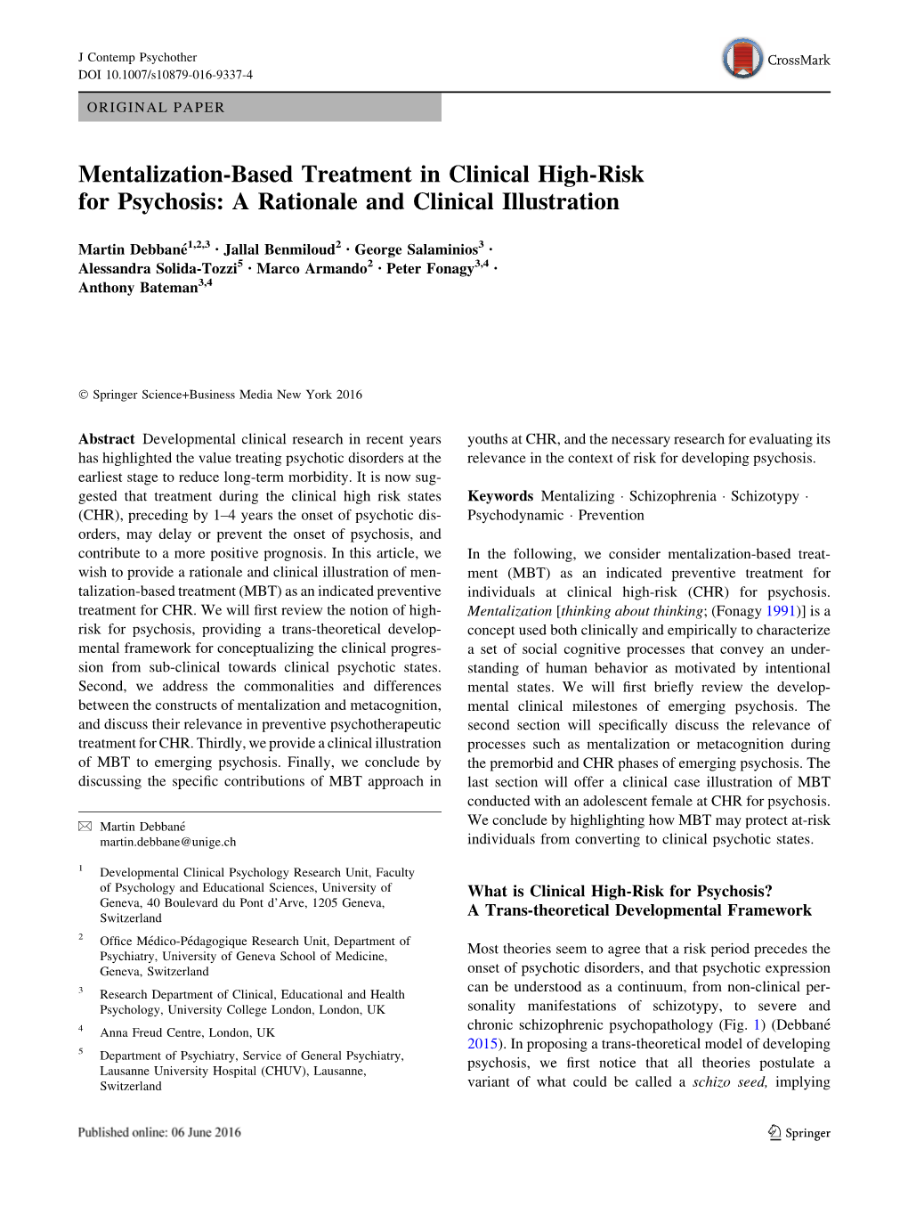 Mentalization-Based Treatment in Clinical High-Risk for Psychosis: a Rationale and Clinical Illustration