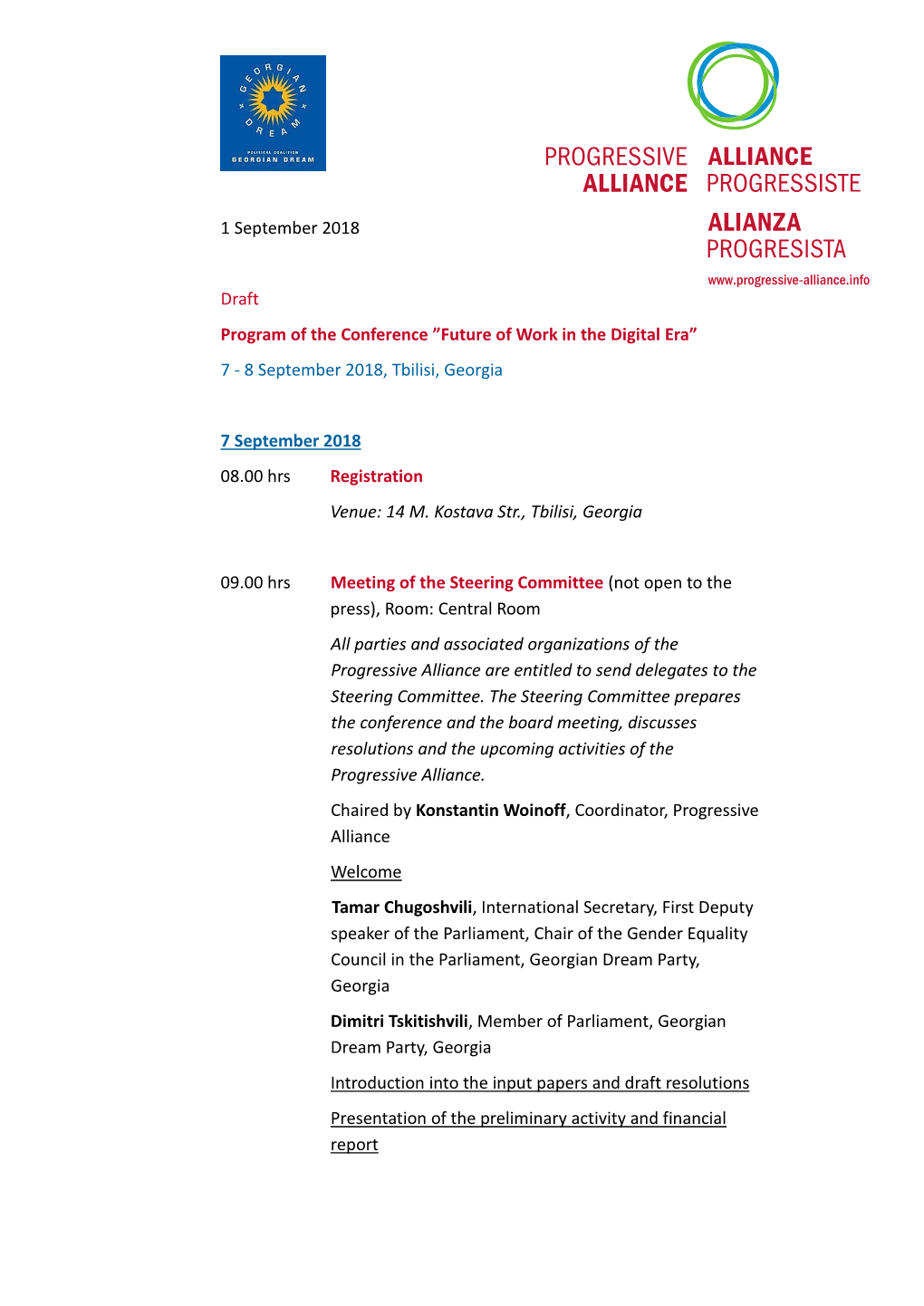 Draft Program of the Conference ”Future of Work in the Digital Era” 7 - 8 September 2018, Tbilisi, Georgia